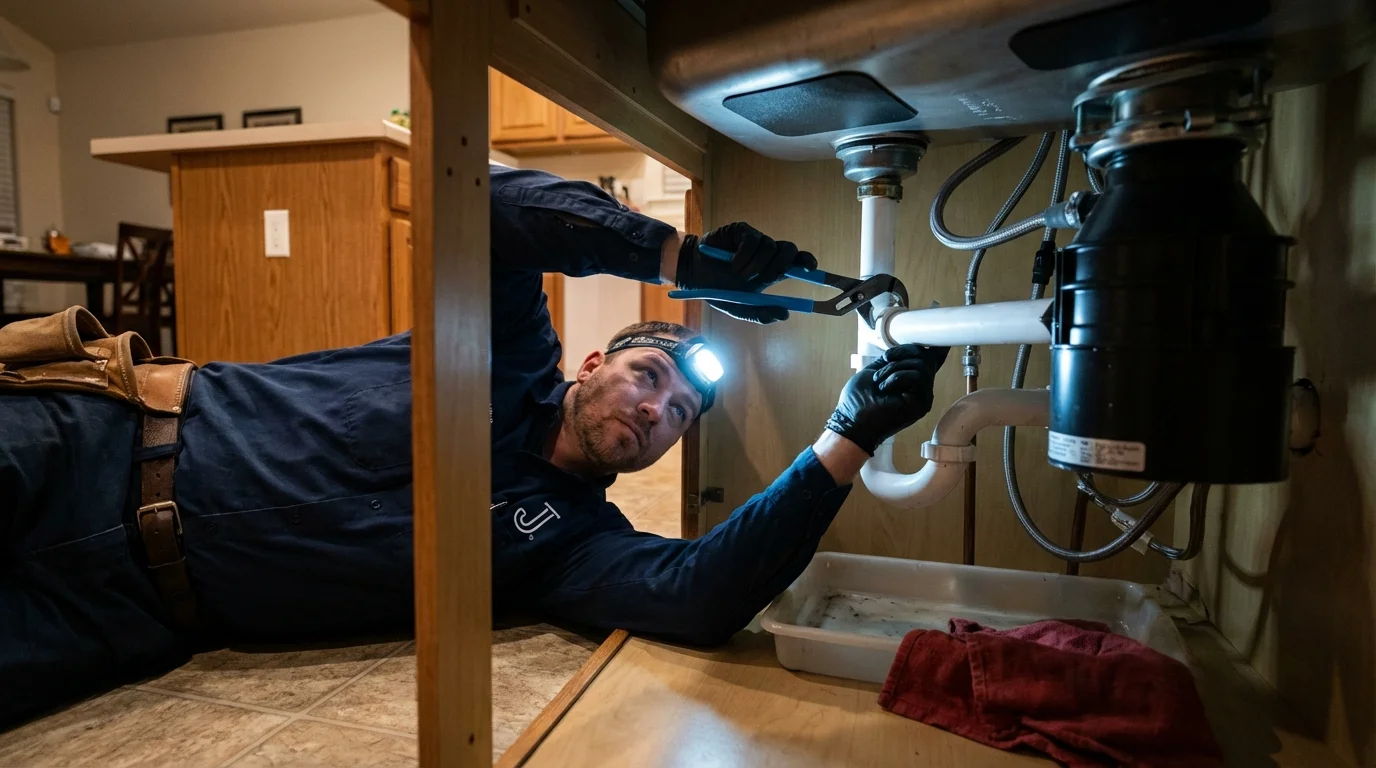 P-trap and supply line connections under a kitchen sink showing a common leak point in Washington, PA